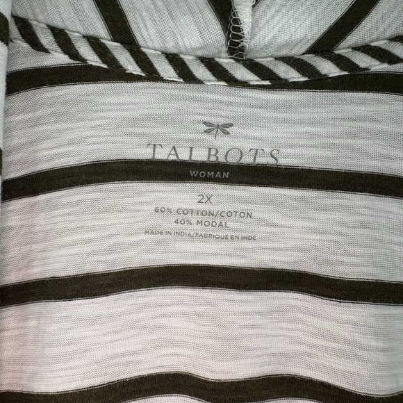 TALBOTS Open Front 3/4 Sleeve Cardigan Sweater 2X Olive Green & White Striped - Picture 3 of 7